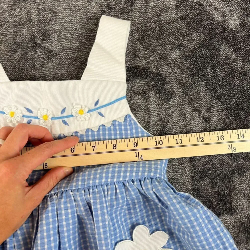 Vtg Little Bitty Gingham Blue Floral Embroidered Dress Sleeveless Girl 4 Tie